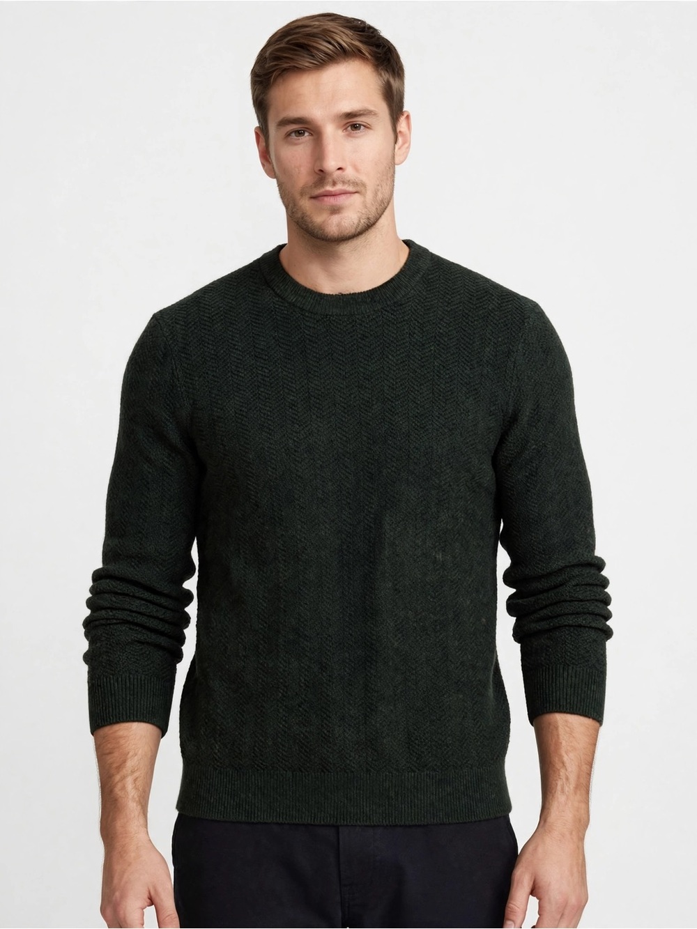 NN07 XL Dark Green Herringbone Knit Crewneck Sweater Textured Minimalist